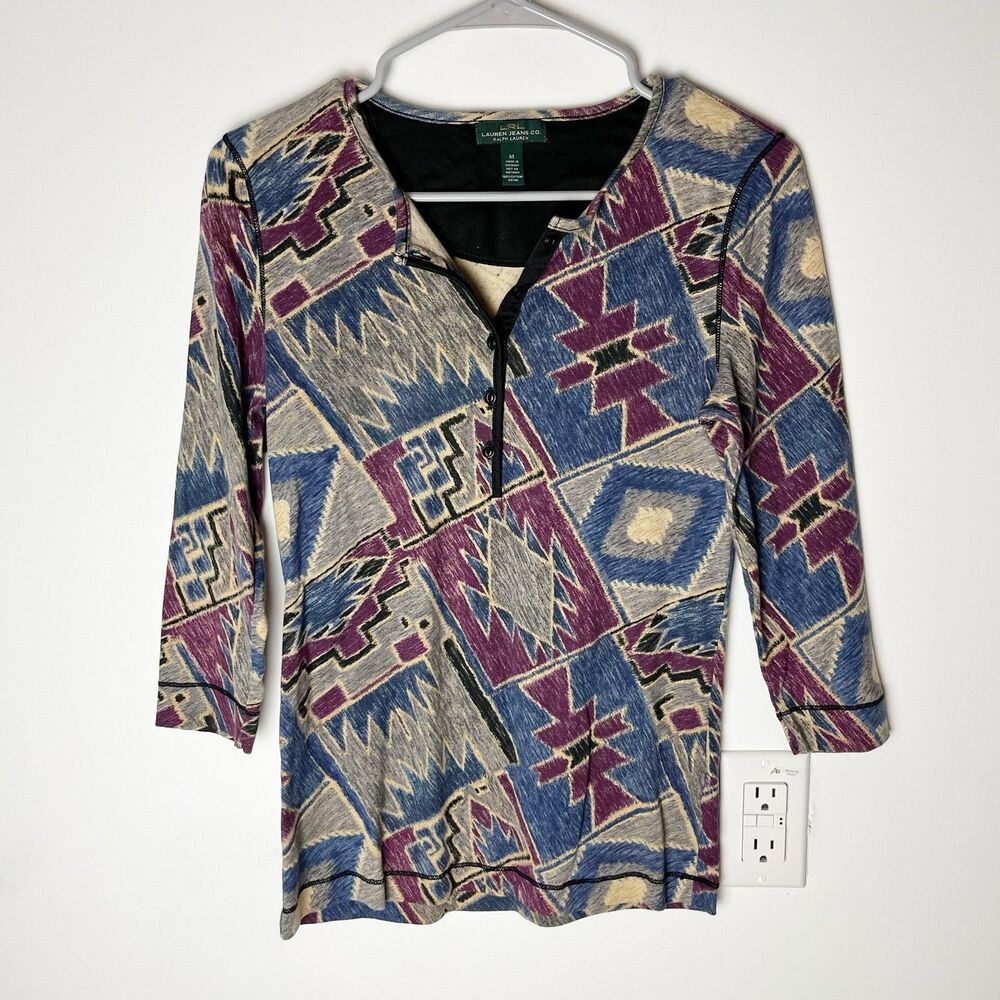 LRL Ralph Lauren Jeans Co Aztec Print Henley‎ Shirt Multi Women Medium